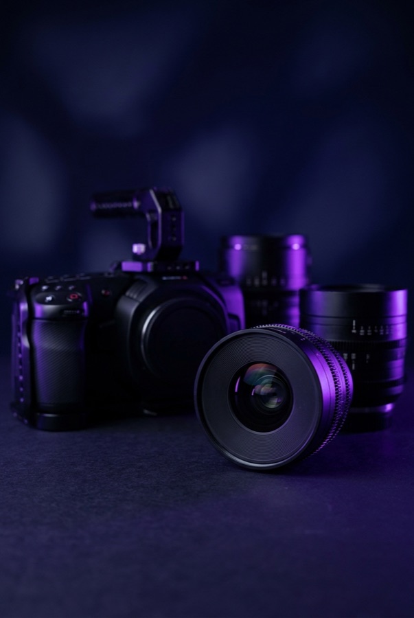 Cinema camera and lenses in studio lighting